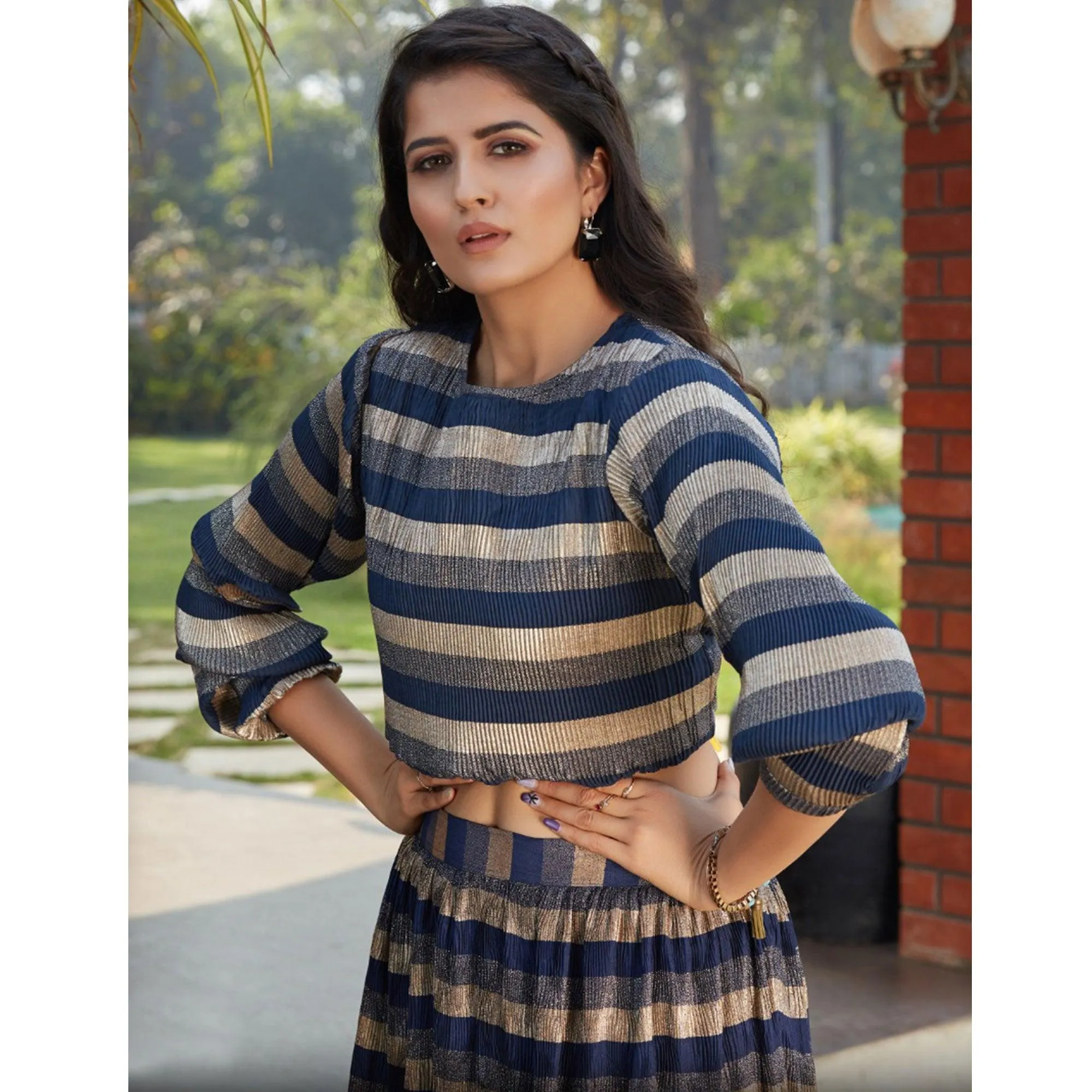 Beautiful Navy Blue Colored Casual Wear Printed Western Crop Top - Skirt Set
