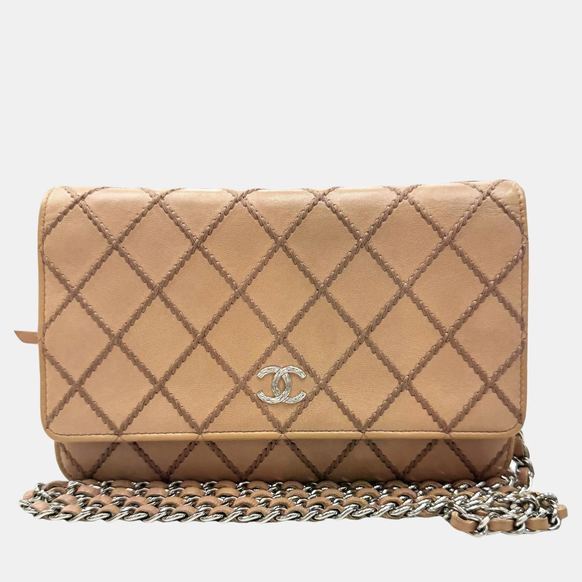 Beige Leather Wild Stitch Chain Wallet