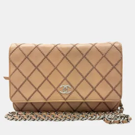 Beige Leather Wild Stitch Chain Wallet