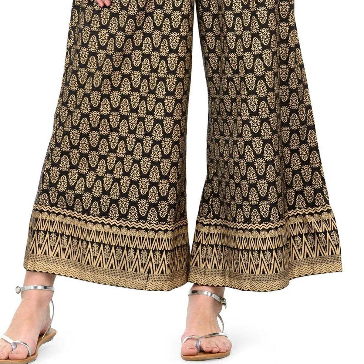 Black - Beige Printed Cotton Blend Palazzo
