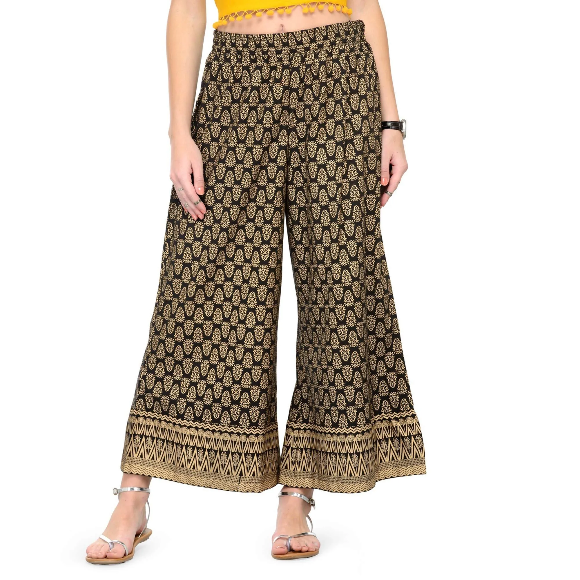 Black - Beige Printed Cotton Blend Palazzo