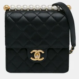 Black Lambskin Leather Small Chic Pearls Flap Bag