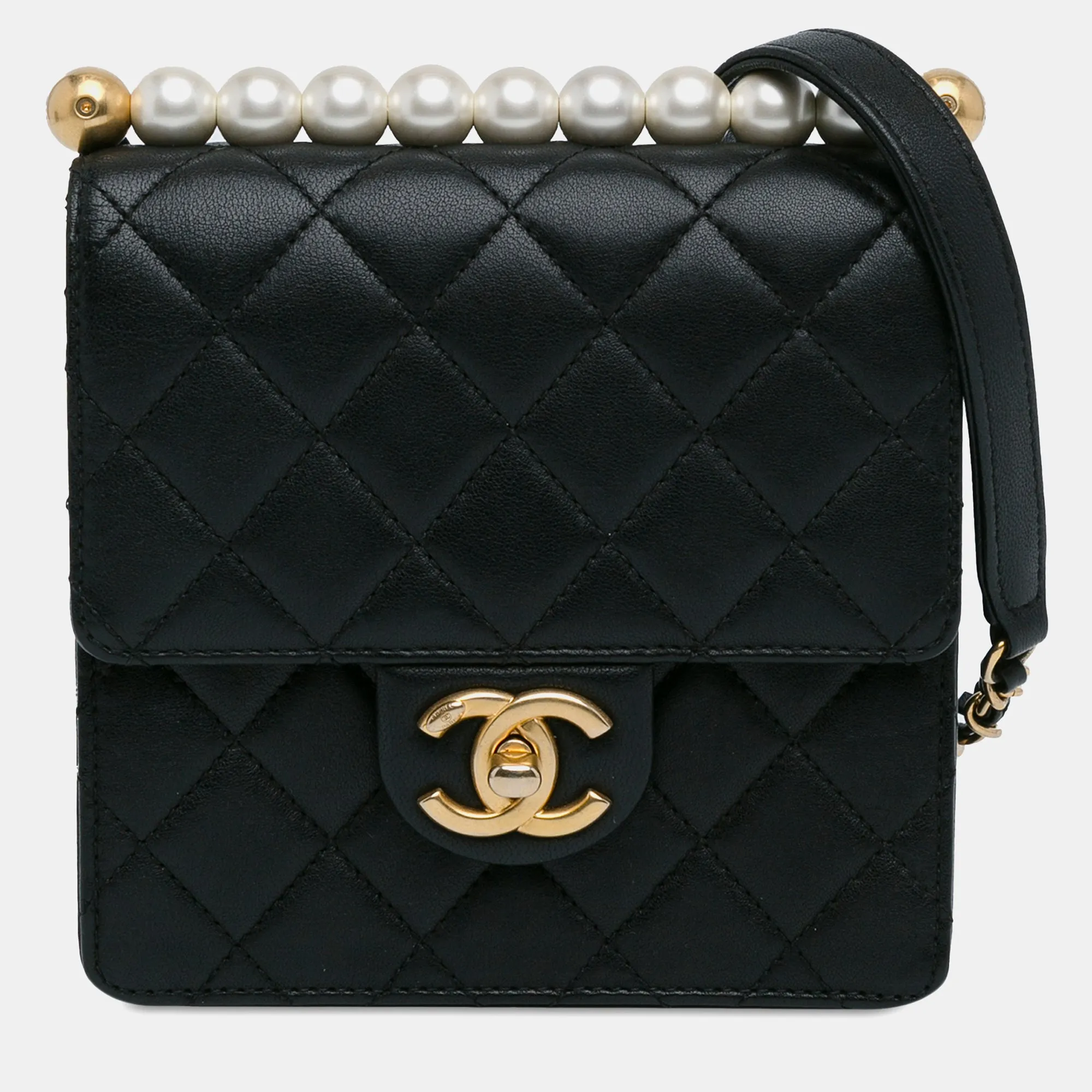Black Lambskin Leather Small Chic Pearls Flap Bag