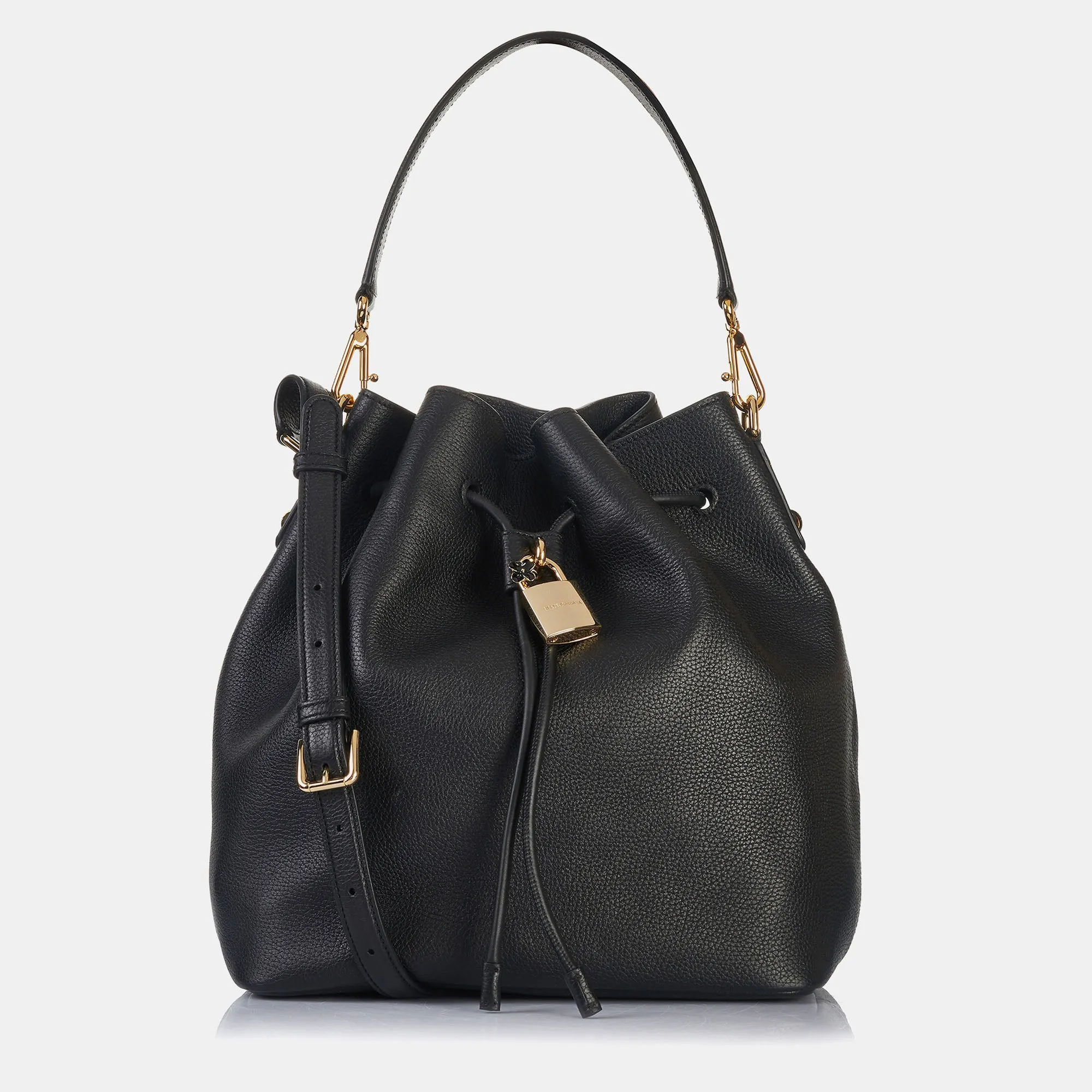 Black Leather Drawstring Medium Bucket Bag