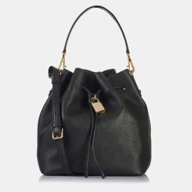 Black Leather Drawstring Medium Bucket Bag