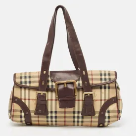 Brown/Beige House Check PVC and Leather Buckle Flap Bag