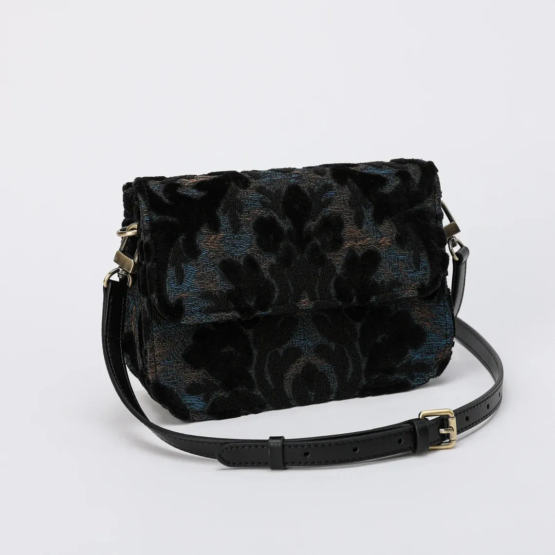 Burnout Velvet Black Flap Crossbody Bag