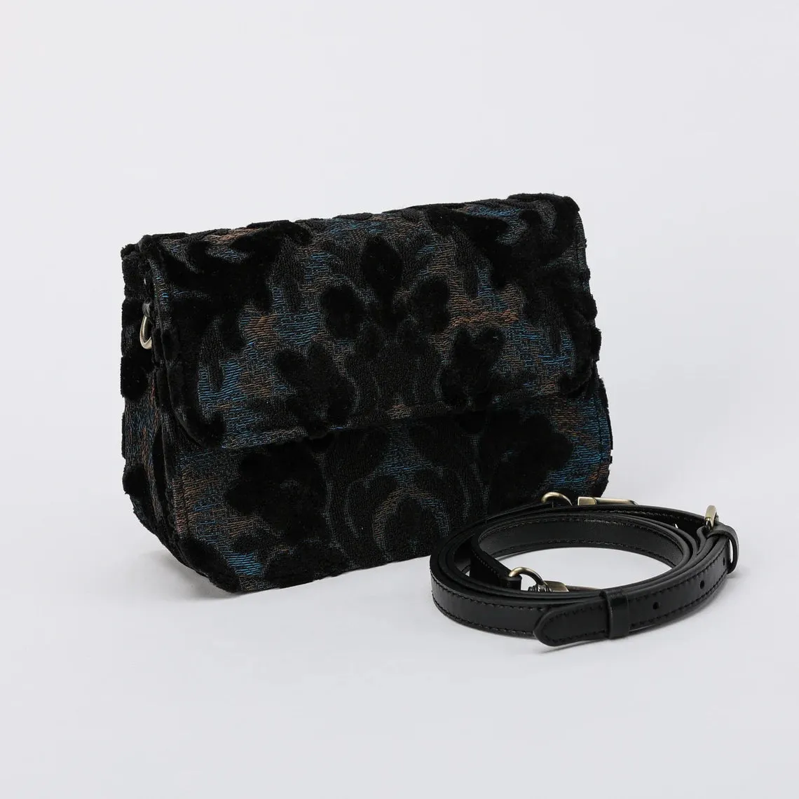 Burnout Velvet Black Flap Crossbody Bag
