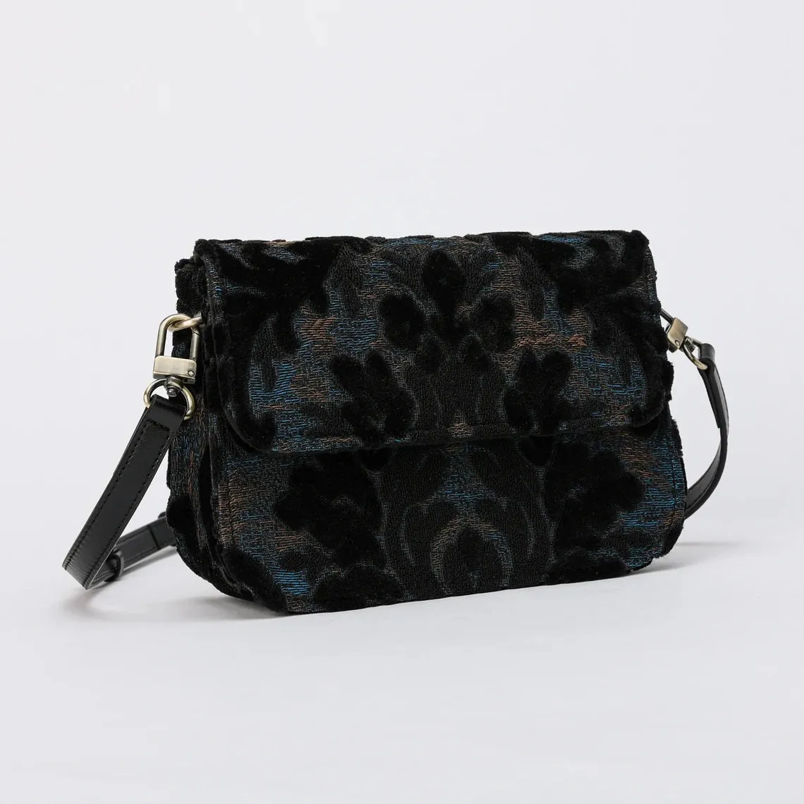 Burnout Velvet Black Flap Crossbody Bag