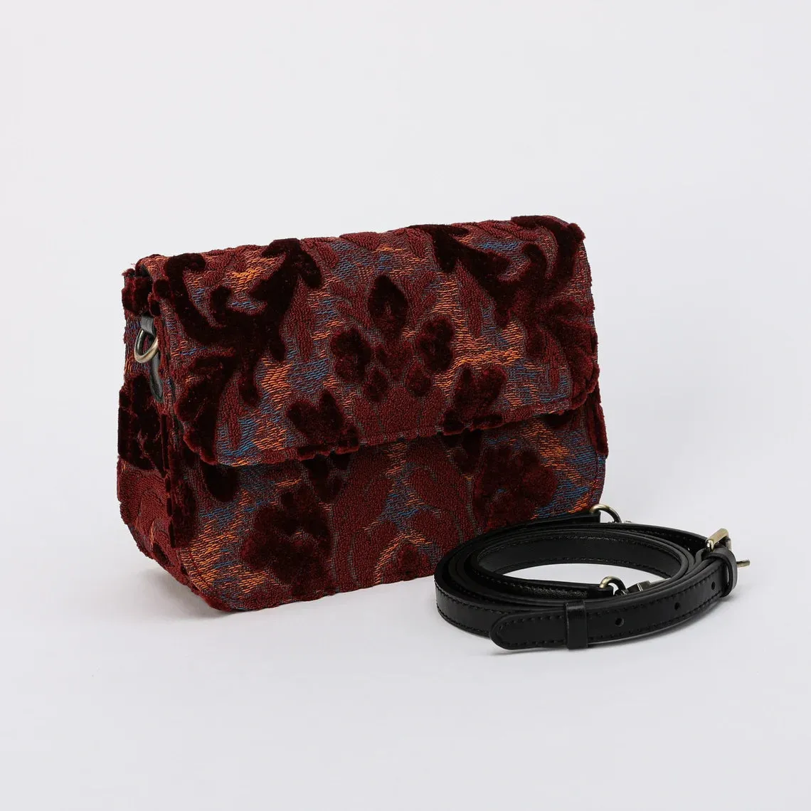 Burnout Velvet Wine Flap Crossbody Bag