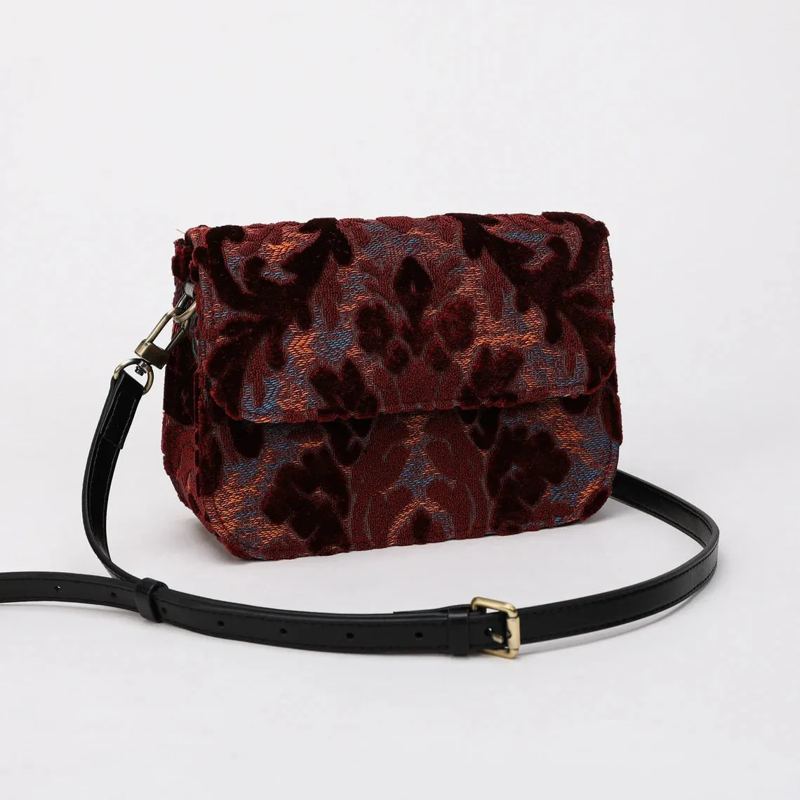 Burnout Velvet Wine Flap Crossbody Bag