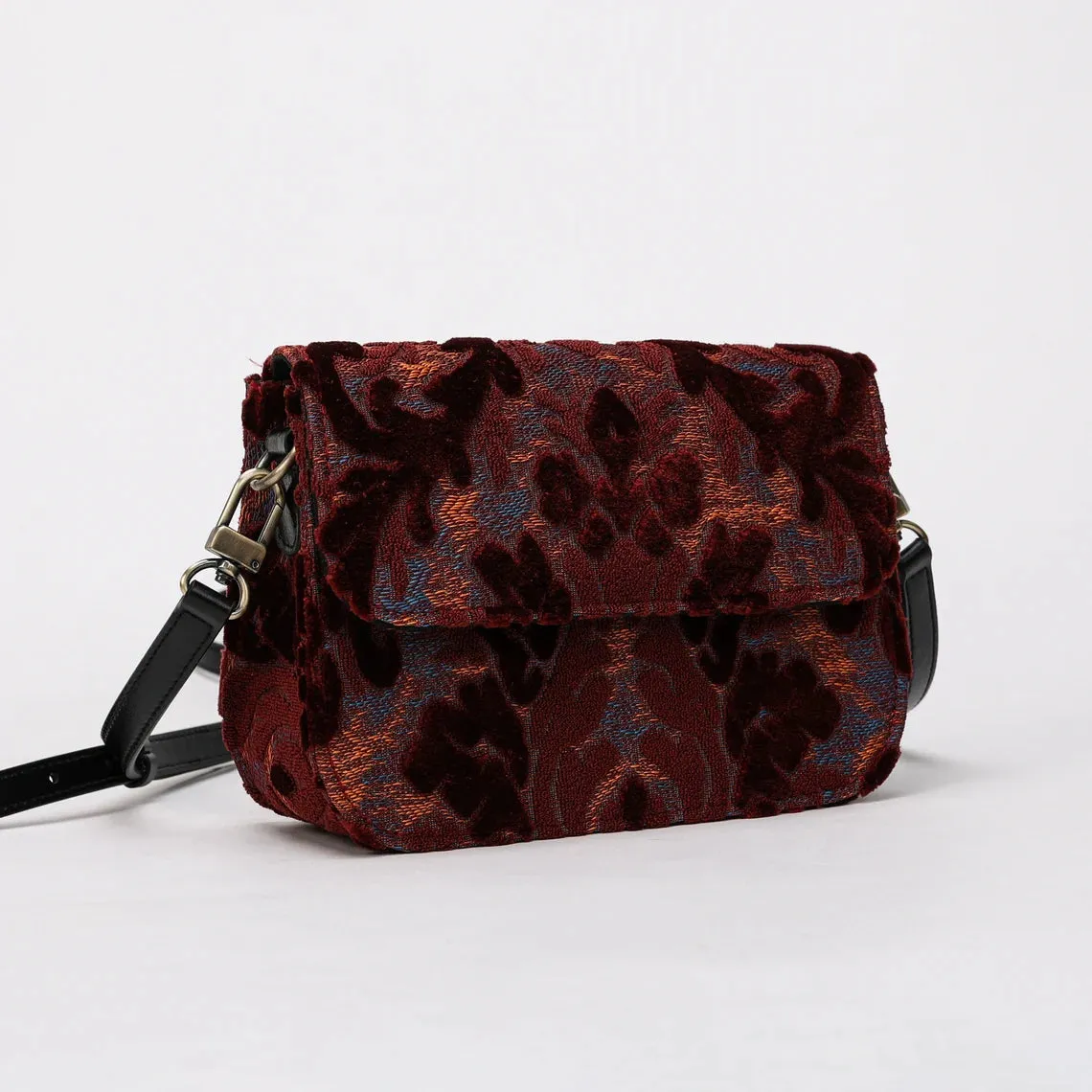 Burnout Velvet Wine Flap Crossbody Bag