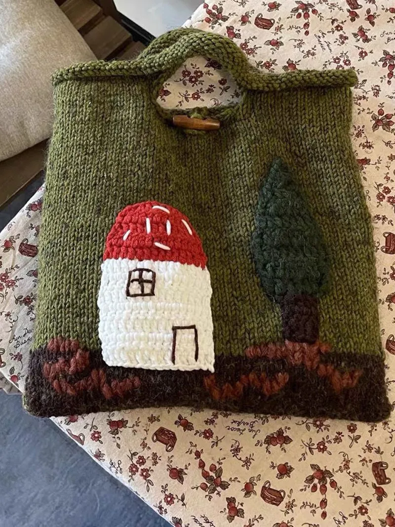 Cute Handmade Embroidered Crochet Knitted Handbag Mushroom Tote Bag