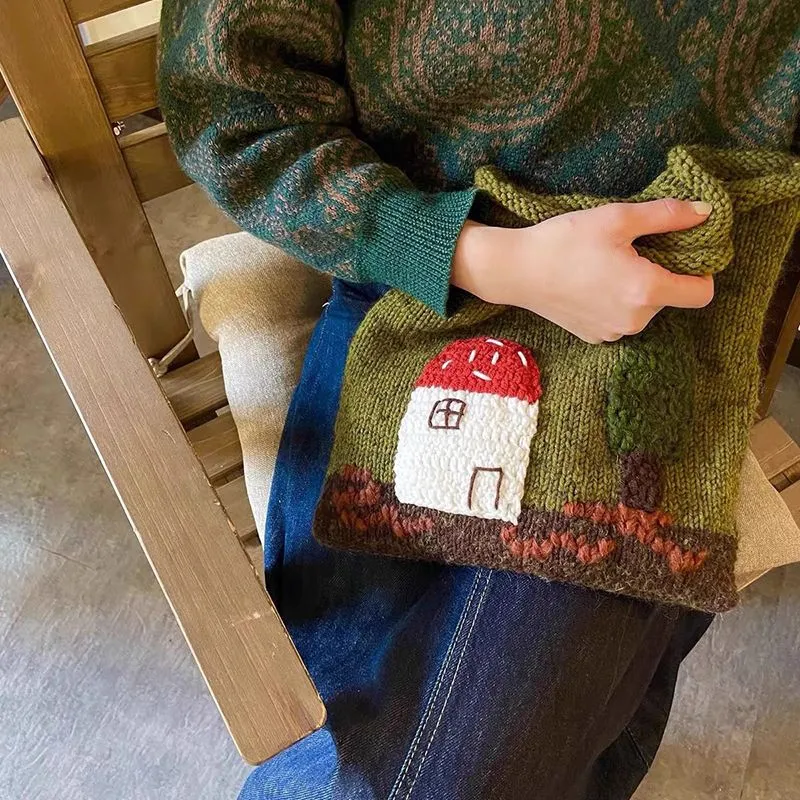 Cute Handmade Embroidered Crochet Knitted Handbag Mushroom Tote Bag