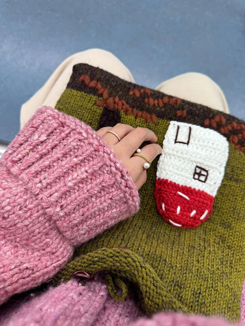 Cute Handmade Embroidered Crochet Knitted Handbag Mushroom Tote Bag