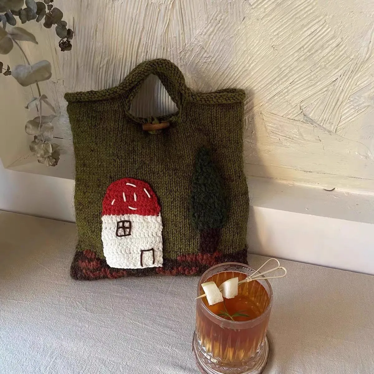 Cute Handmade Embroidered Crochet Knitted Handbag Mushroom Tote Bag