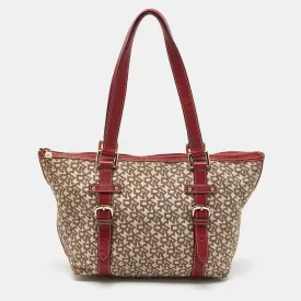 DKNY Beige/Red Signature Canvas and Leather Zip Tote