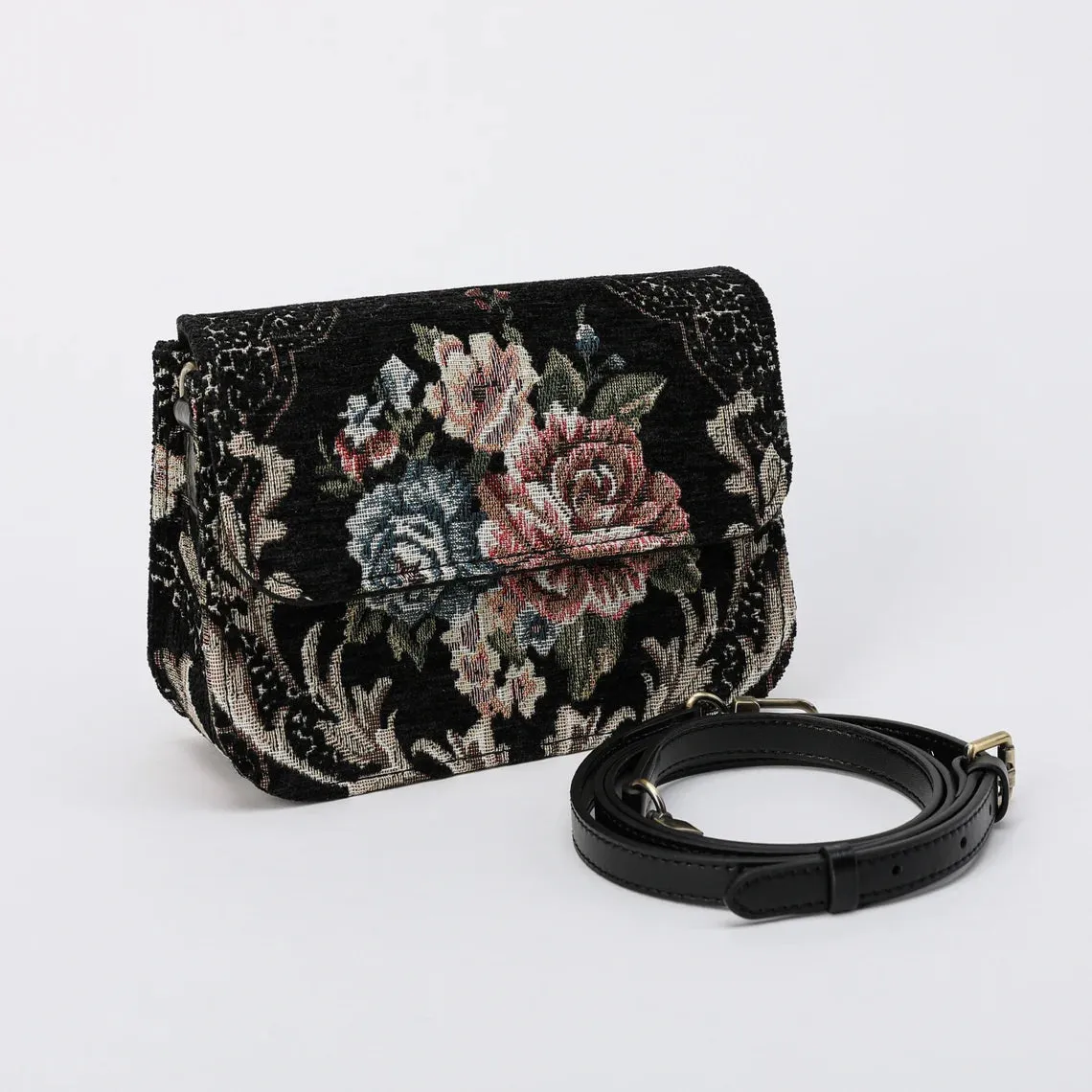 Floral Black Flap Crossbody Bag
