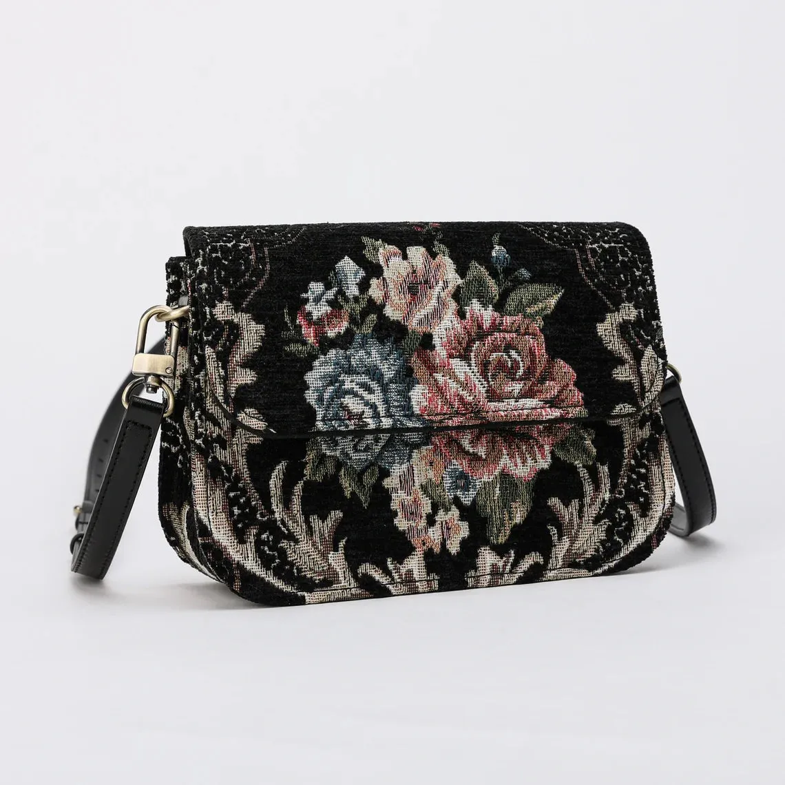 Floral Black Flap Crossbody Bag