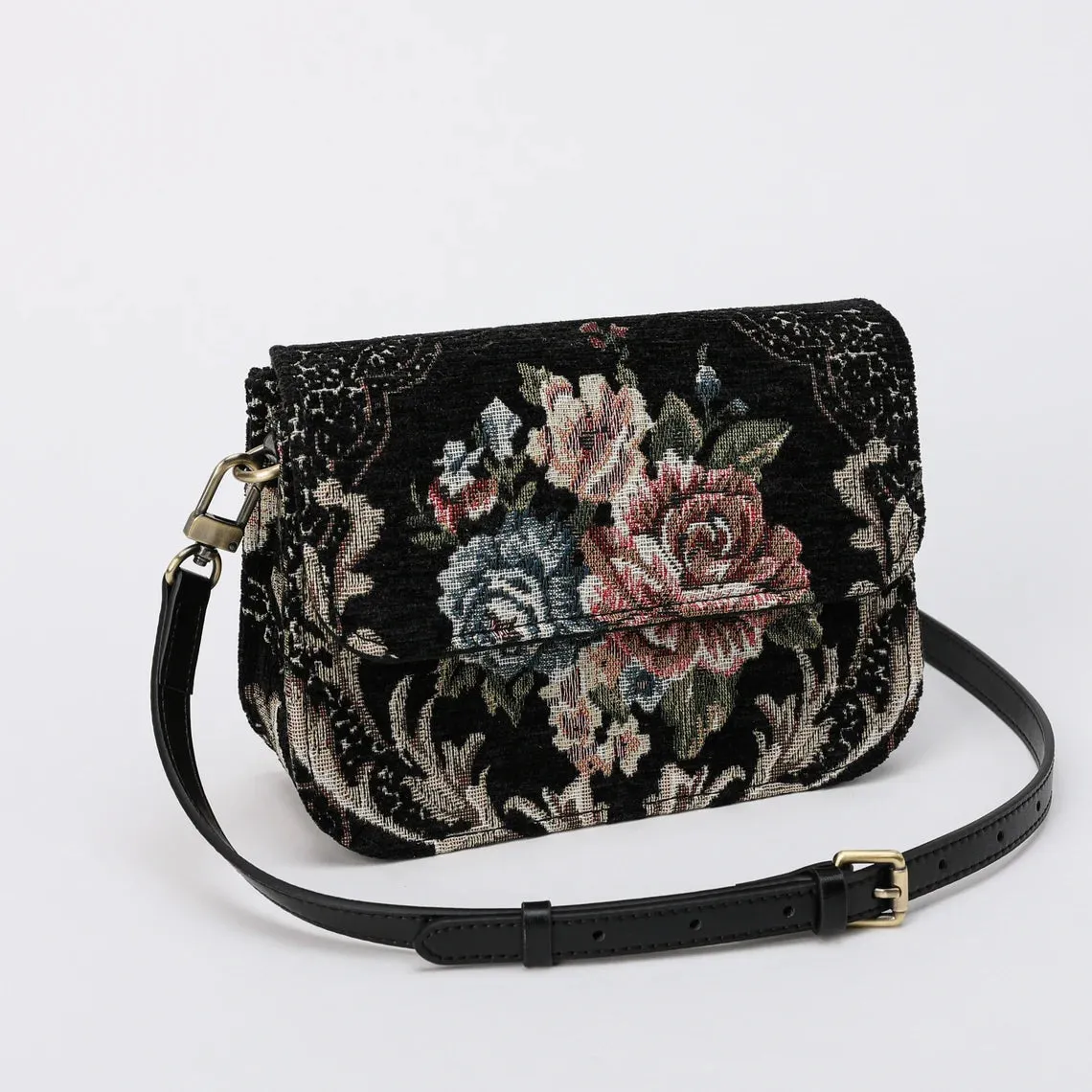 Floral Black Flap Crossbody Bag