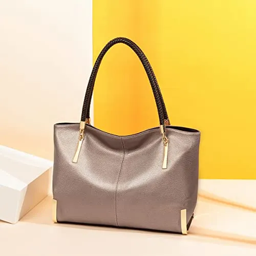 FOXER Large Leather Tote Handbags for Women, Split Cowhide, Rose Gold