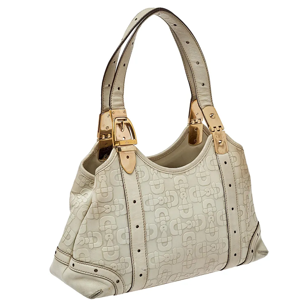 Gucci White Leather Horsebit Embossed Tote