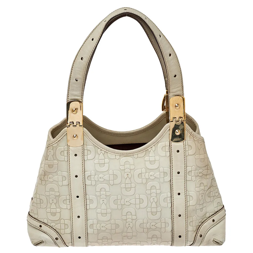 Gucci White Leather Horsebit Embossed Tote