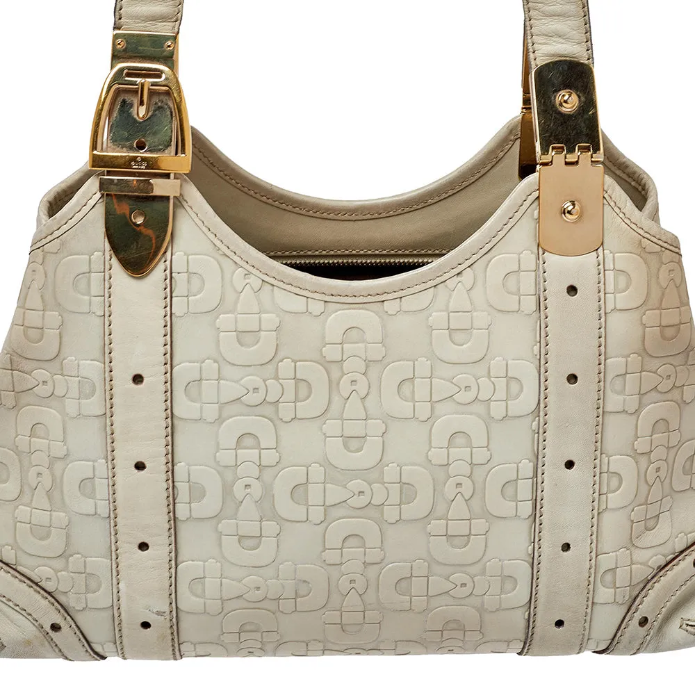 Gucci White Leather Horsebit Embossed Tote