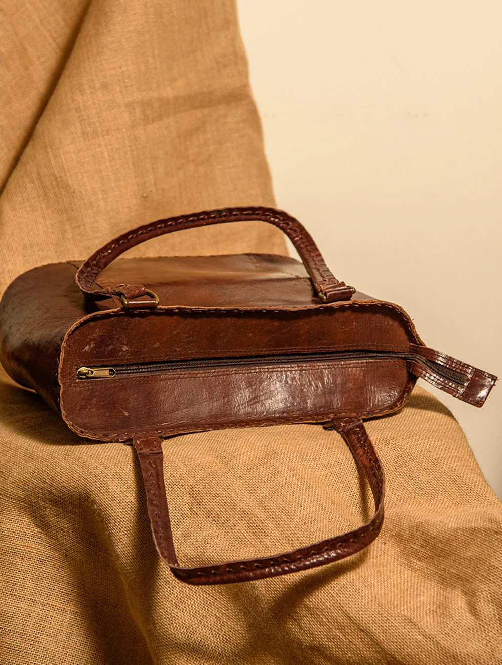 Handcrafted Jawaja Leather Tote Bag with Hand Stitch Detail