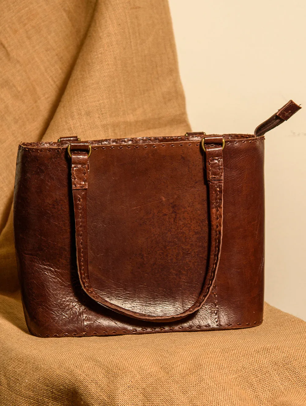 Handcrafted Jawaja Leather Tote Bag with Hand Stitch Detail
