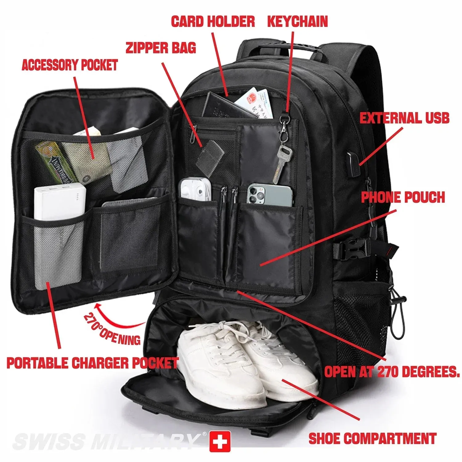 SWISS MILITARY Large Capacity Expandable Travel Backpack with USB