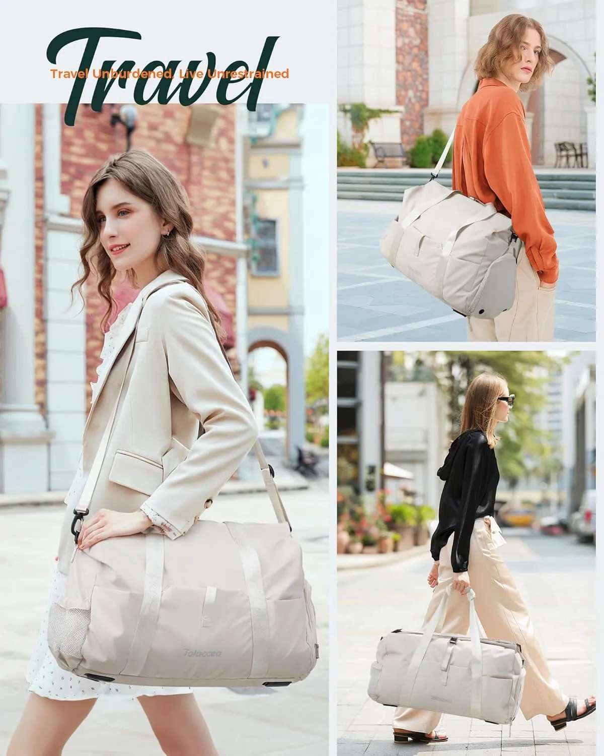 Tolaccea Travel Duffle Bag for Women Men, Lightweight Gym Bag with Shoe Compartment & Wet Pocket, TSA-Friendly Carry On, Expandable 36-52L Roll-Top Weekender Overnight Bags (Beige)