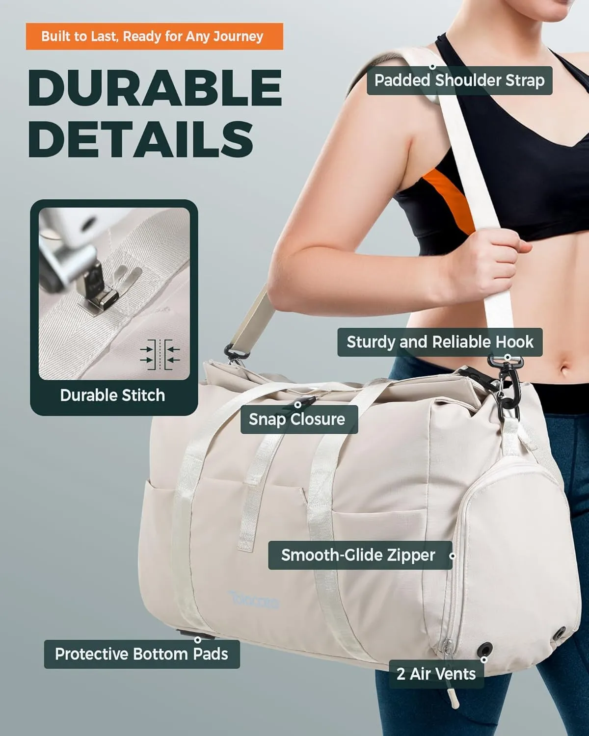 Tolaccea Travel Duffle Bag for Women Men, Lightweight Gym Bag with Shoe Compartment & Wet Pocket, TSA-Friendly Carry On, Expandable 36-52L Roll-Top Weekender Overnight Bags (Beige)