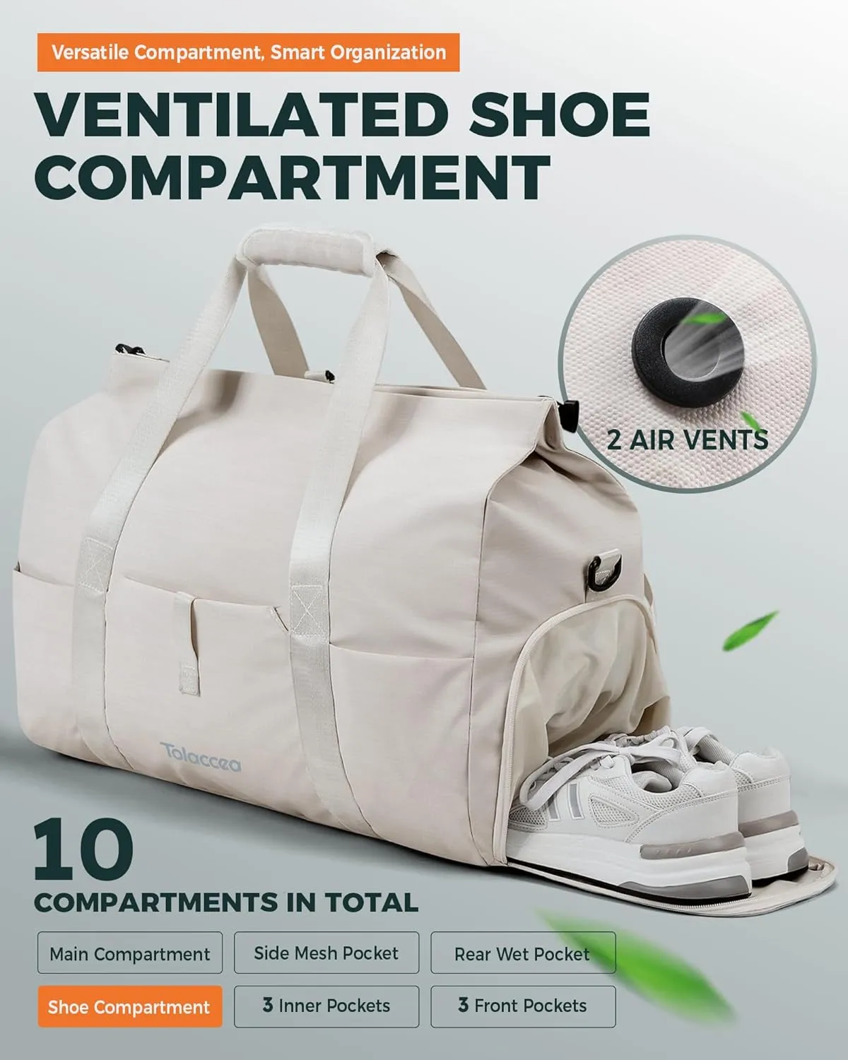 Tolaccea Travel Duffle Bag for Women Men, Lightweight Gym Bag with Shoe Compartment & Wet Pocket, TSA-Friendly Carry On, Expandable 36-52L Roll-Top Weekender Overnight Bags (Beige)