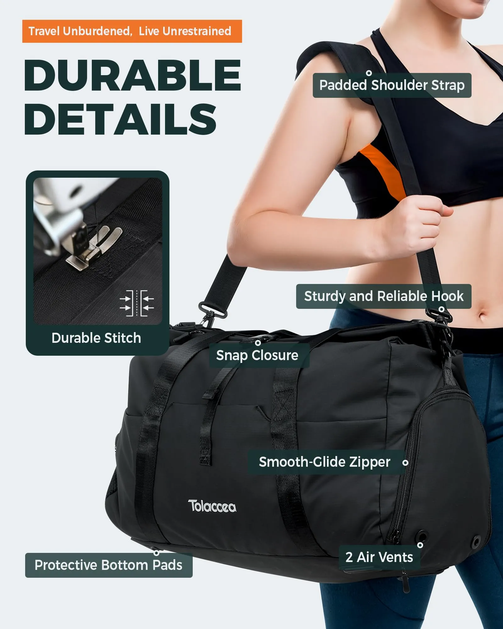 Tolaccea Travel Duffle Bag for Women Men, Lightweight Gym Bag with Shoe Compartment & Wet Pocket, TSA-Friendly Carry On, Expandable 36-52L Roll-Top Weekender Overnight Bags (Beige)