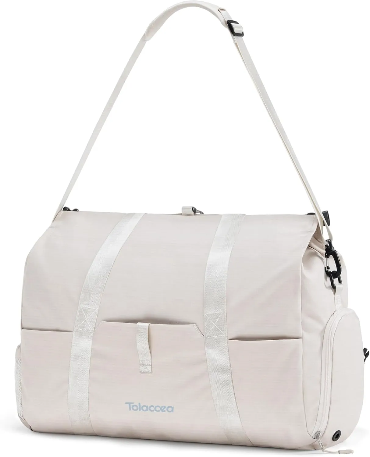 Tolaccea Travel Duffle Bag for Women Men, Lightweight Gym Bag with Shoe Compartment & Wet Pocket, TSA-Friendly Carry On, Expandable 36-52L Roll-Top Weekender Overnight Bags (Beige)