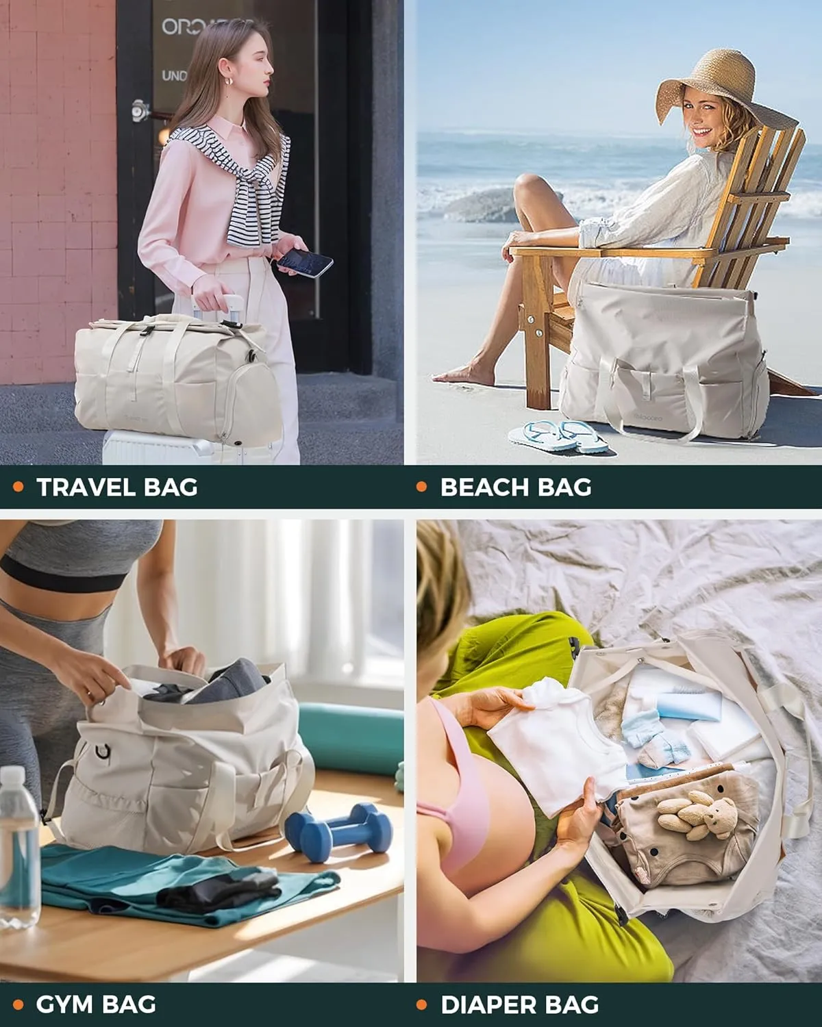 Tolaccea Travel Duffle Bag for Women Men, Lightweight Gym Bag with Shoe Compartment & Wet Pocket, TSA-Friendly Carry On, Expandable 36-52L Roll-Top Weekender Overnight Bags (Beige)