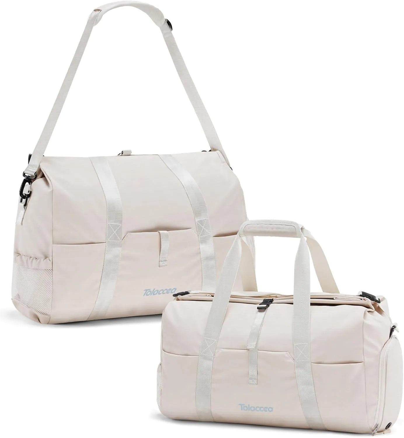 Tolaccea Travel Duffle Bag for Women Men, Lightweight Gym Bag with Shoe Compartment & Wet Pocket, TSA-Friendly Carry On, Expandable 36-52L Roll-Top Weekender Overnight Bags (Beige)