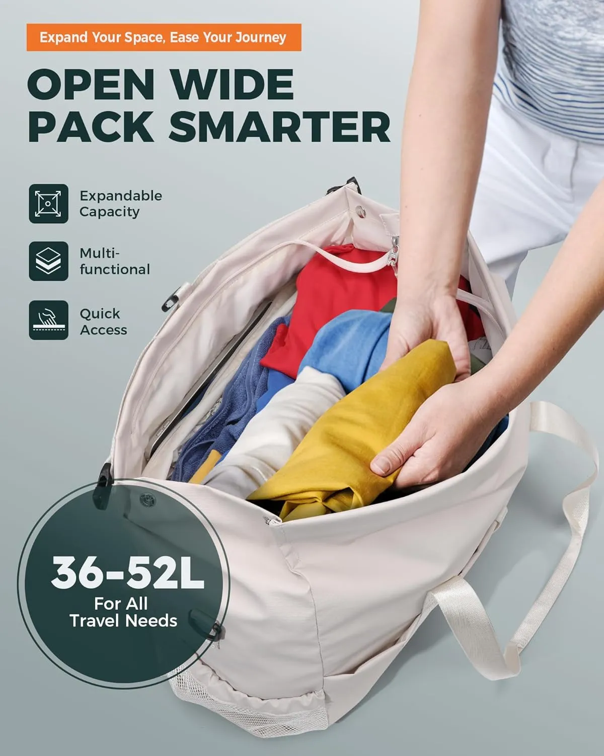Tolaccea Travel Duffle Bag for Women Men, Lightweight Gym Bag with Shoe Compartment & Wet Pocket, TSA-Friendly Carry On, Expandable 36-52L Roll-Top Weekender Overnight Bags (Beige)