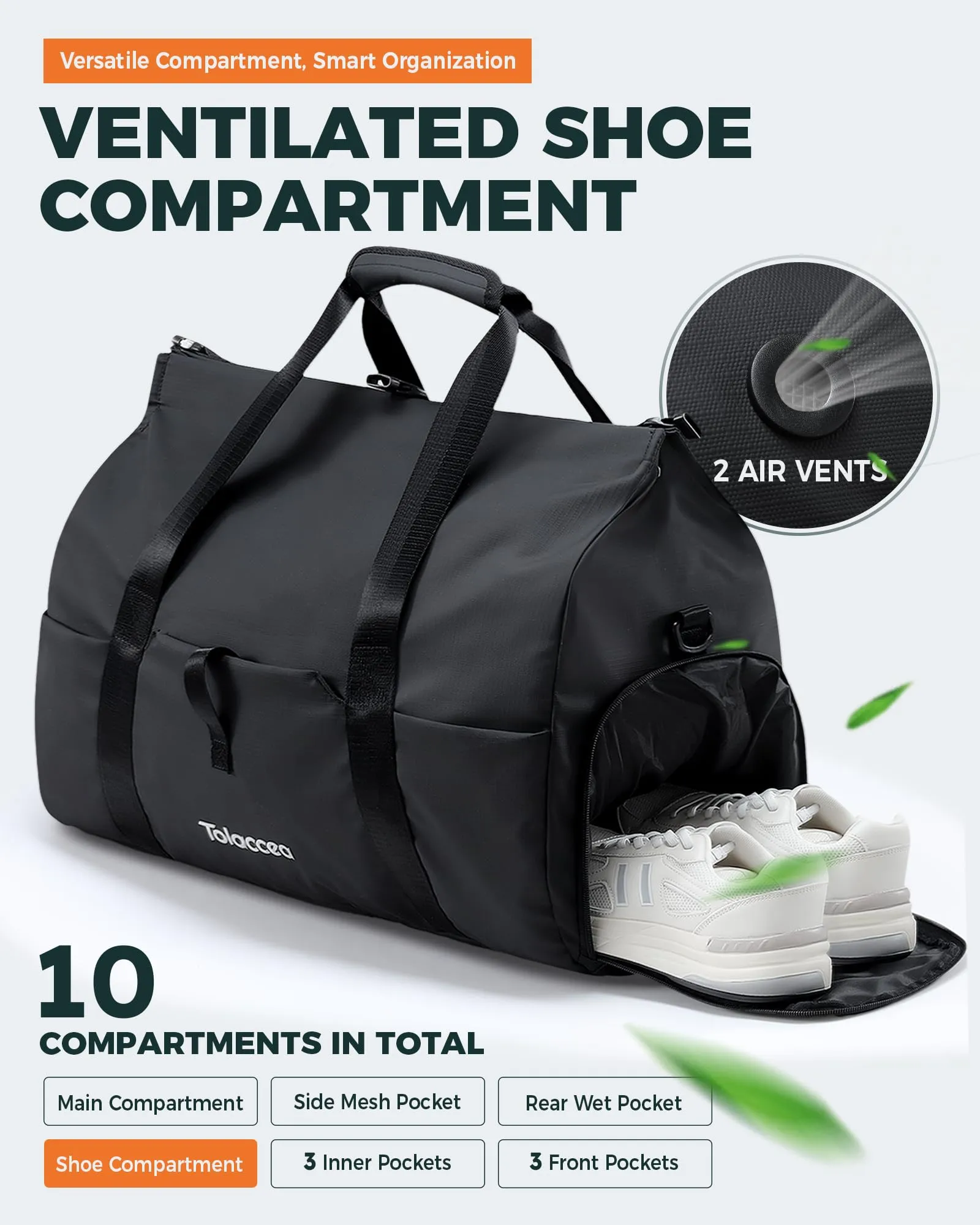 Tolaccea Travel Duffle Bag for Women Men, Lightweight Gym Bag with Shoe Compartment & Wet Pocket, TSA-Friendly Carry On, Expandable 36-52L Roll-Top Weekender Overnight Bags (Beige)