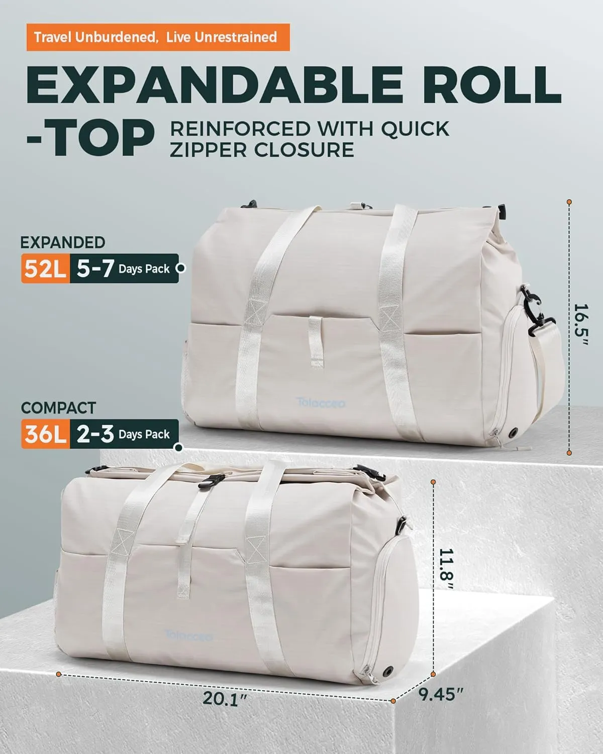 Tolaccea Travel Duffle Bag for Women Men, Lightweight Gym Bag with Shoe Compartment & Wet Pocket, TSA-Friendly Carry On, Expandable 36-52L Roll-Top Weekender Overnight Bags (Beige)
