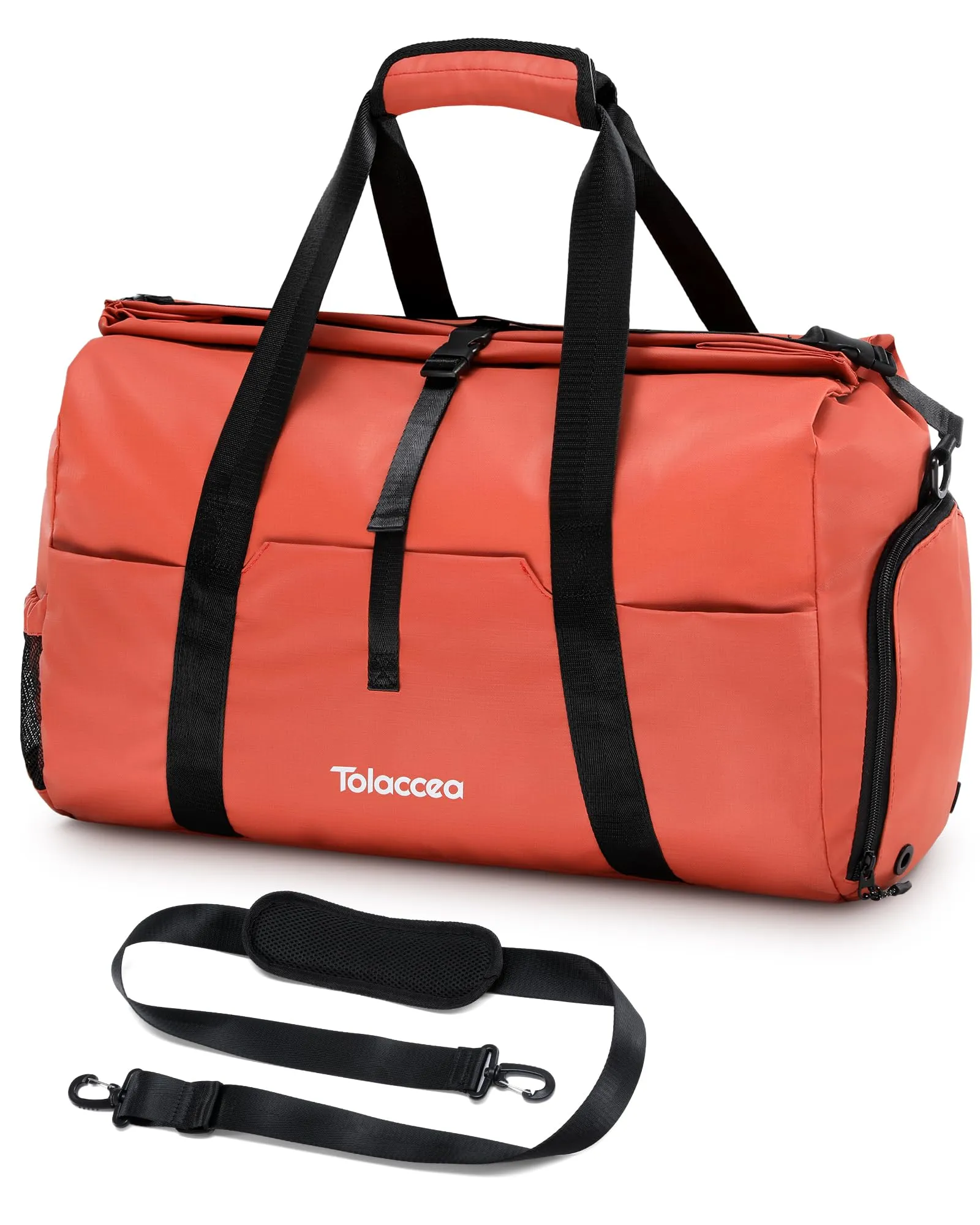 Tolaccea Travel Duffle Bag for Women Men, Lightweight Gym Bag with Shoe Compartment & Wet Pocket, TSA-Friendly Carry On, Expandable 36-52L Roll-Top Weekender Overnight Bags (Beige)