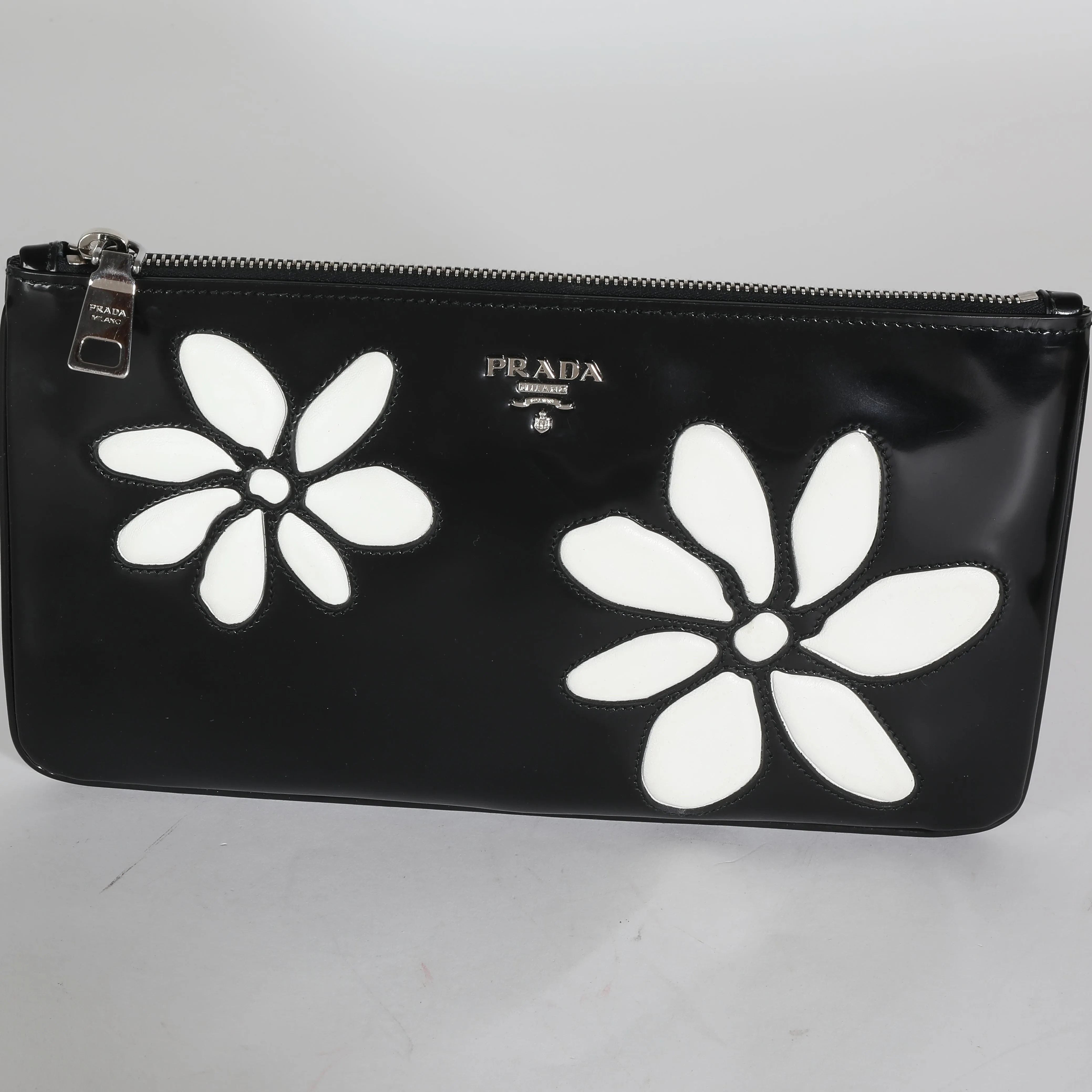 Trendy Inspired Prada Black Spazzolato Flower Zip Pouch