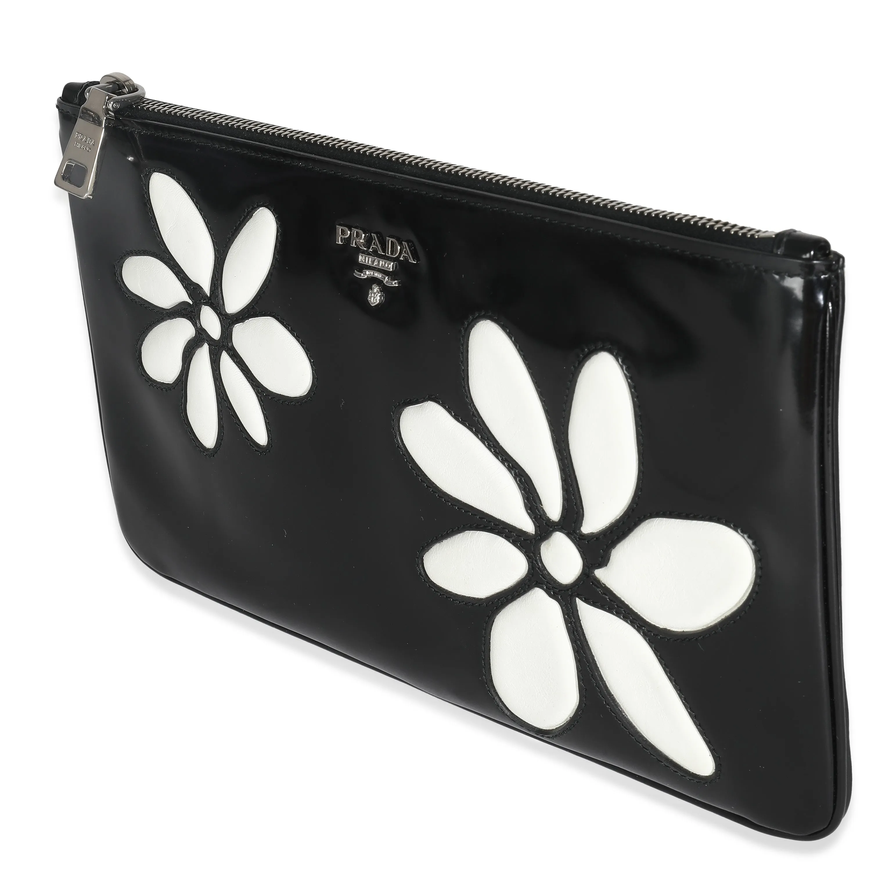 Trendy Inspired Prada Black Spazzolato Flower Zip Pouch