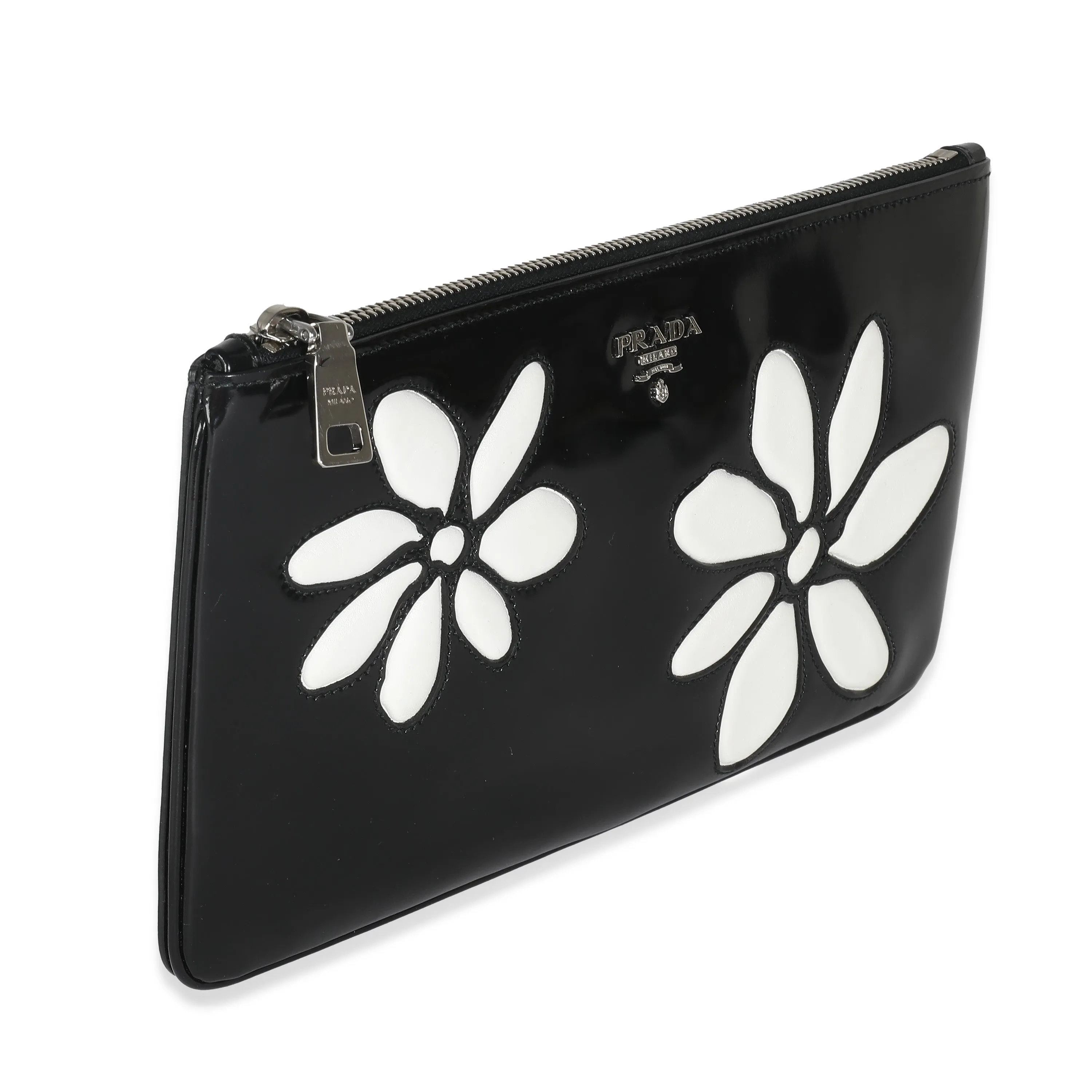 Trendy Inspired Prada Black Spazzolato Flower Zip Pouch