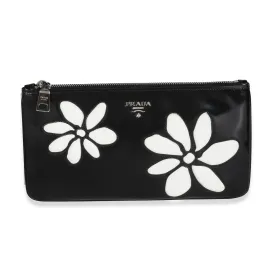 Trendy Inspired Prada Black Spazzolato Flower Zip Pouch