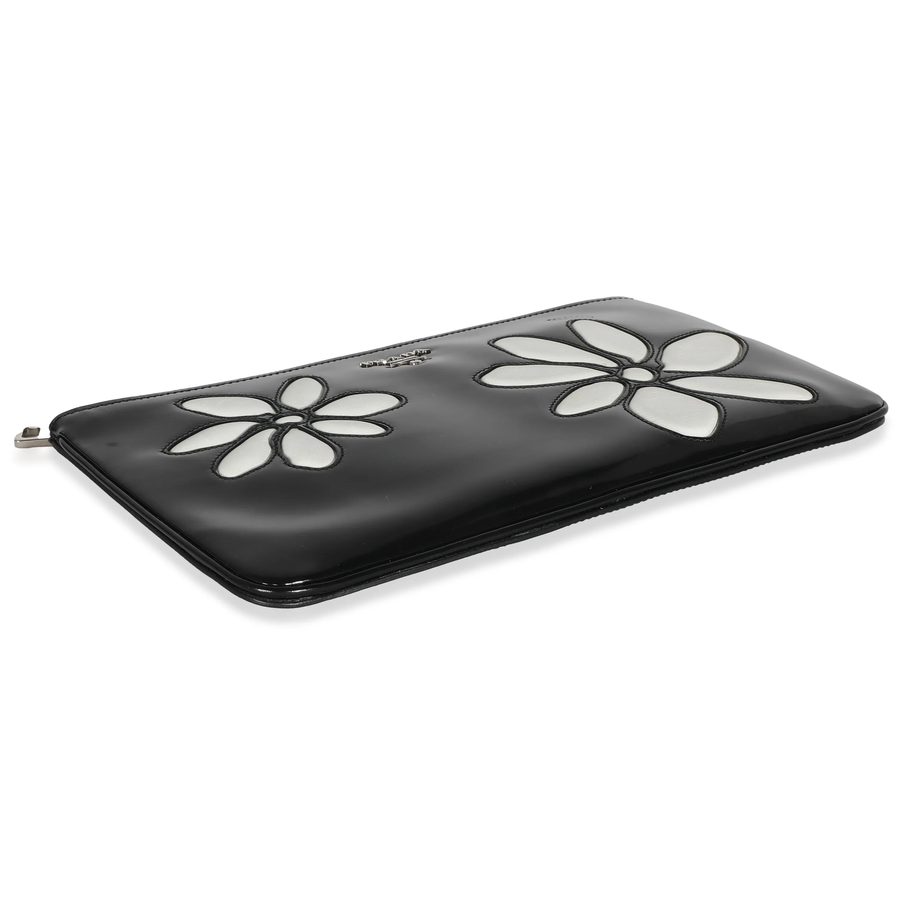 Trendy Inspired Prada Black Spazzolato Flower Zip Pouch