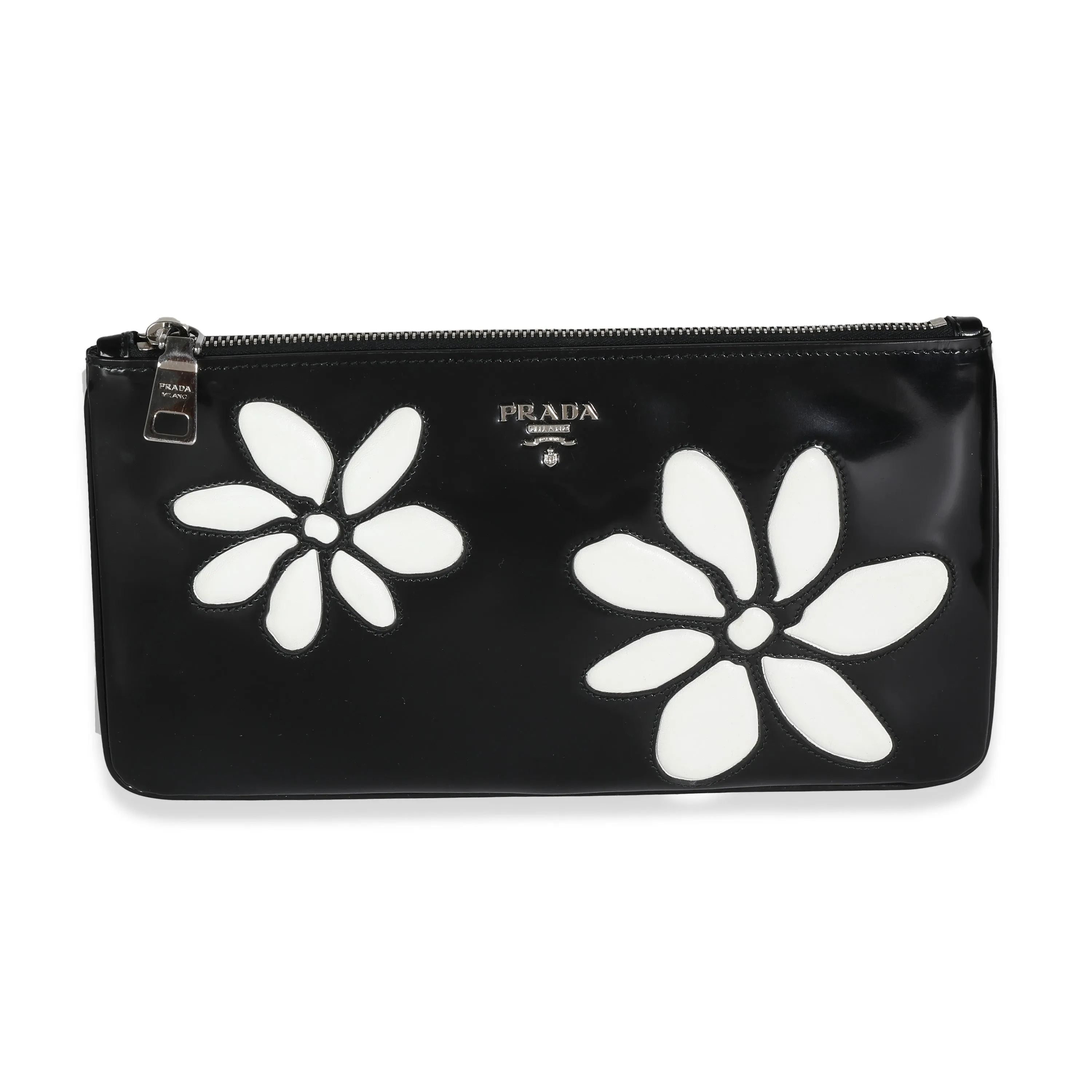 Trendy Inspired Prada Black Spazzolato Flower Zip Pouch